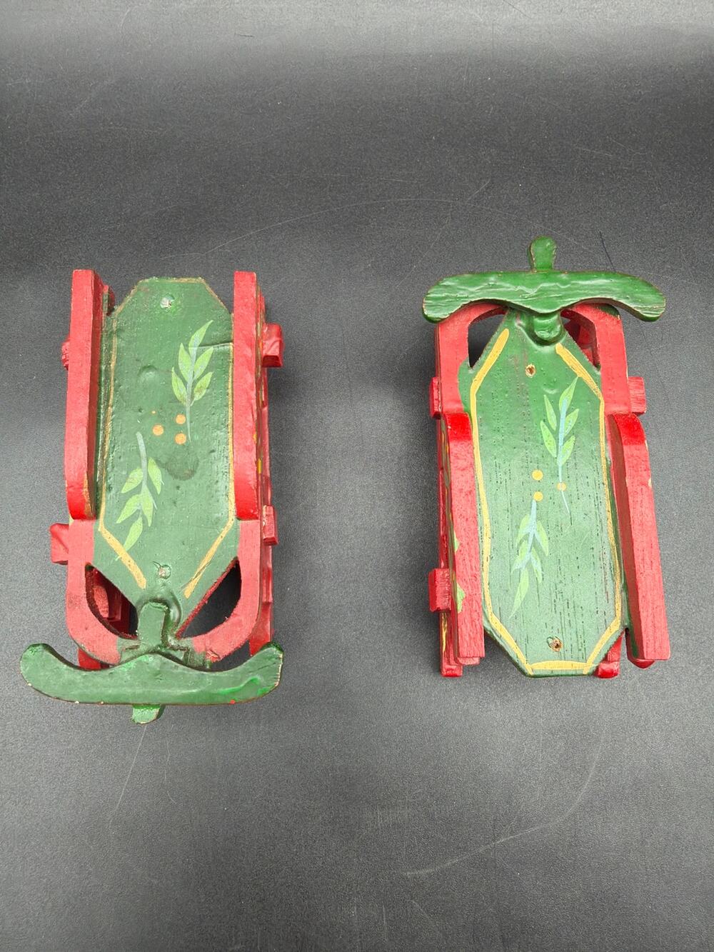Vintage Miniature Wood Sled Christmas Ornaments Pair Hand Painted Red Green 4”